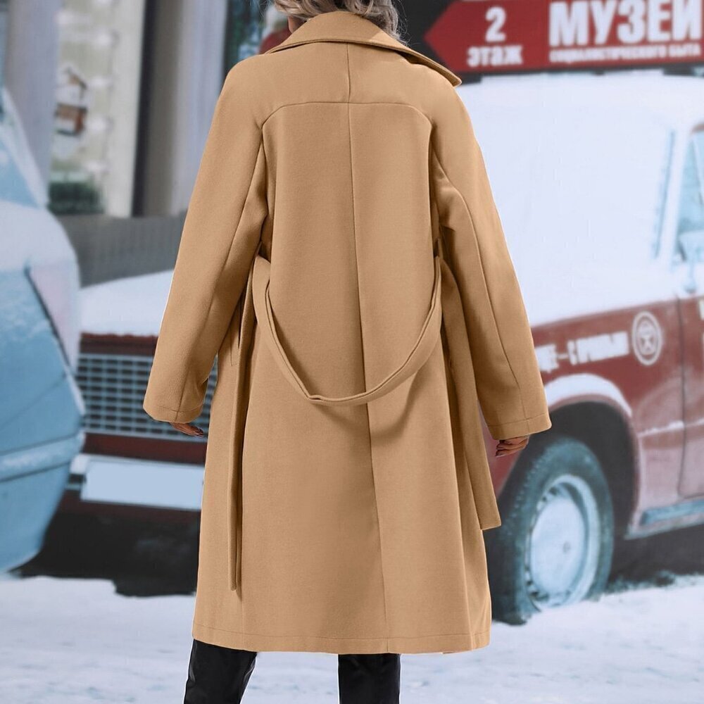 Casual Women's  Double Breasted Lapel Neck Belted jacket Overcoat Camel - Picture 2 of 5